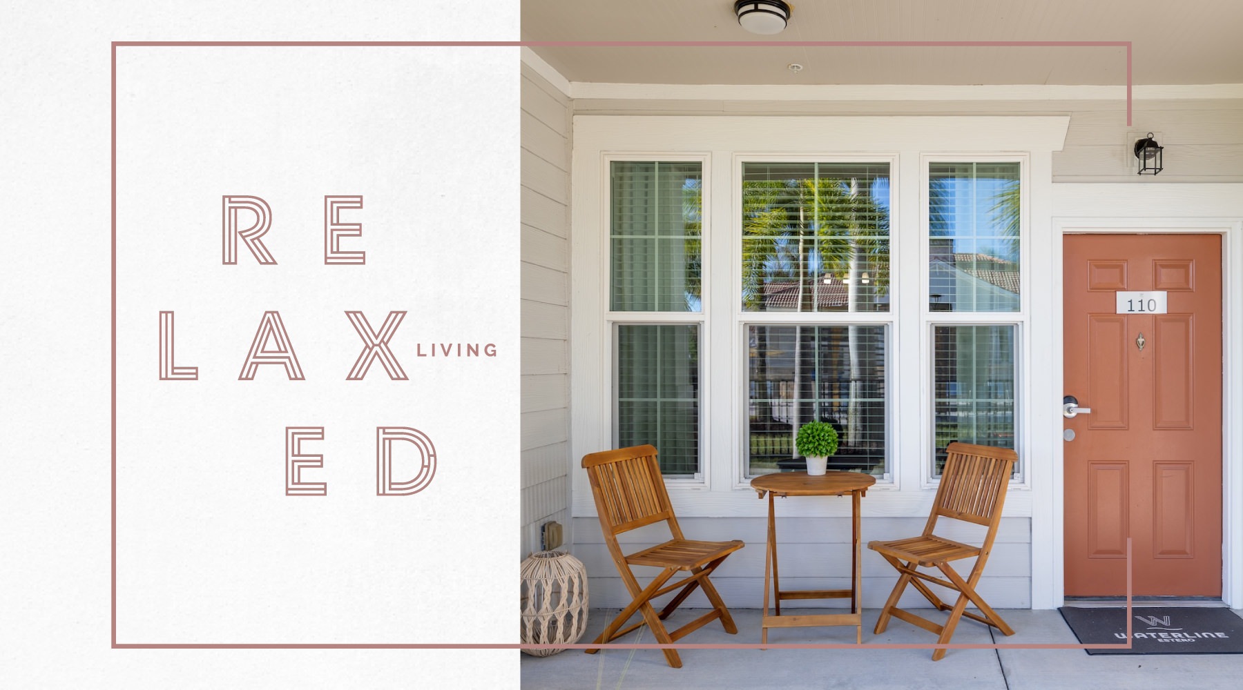 a porch with a table chairs and a door with a window
